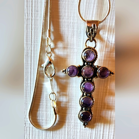 GENUINE AMETHYST 925 STERLING SILVER Vintage Cross Pendant with S.S. Snake Chain - Picture 7 of 8